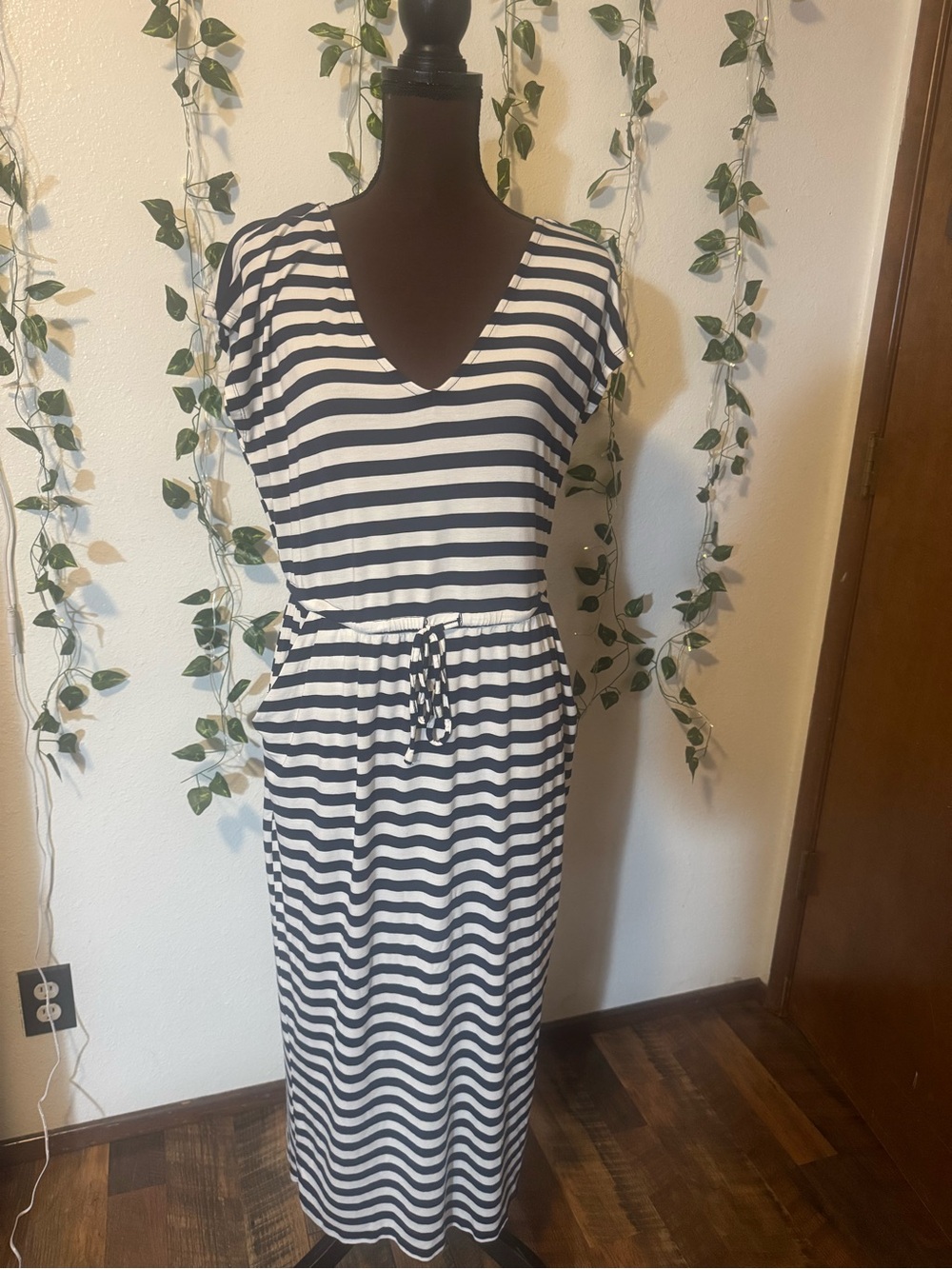 torrid Navy and White Striped V-Neck Maxi with Drawstring Waist